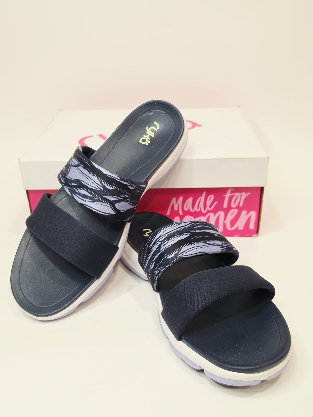 Ryka Womens Diva Slide Sandals Navy with Patterned Strap